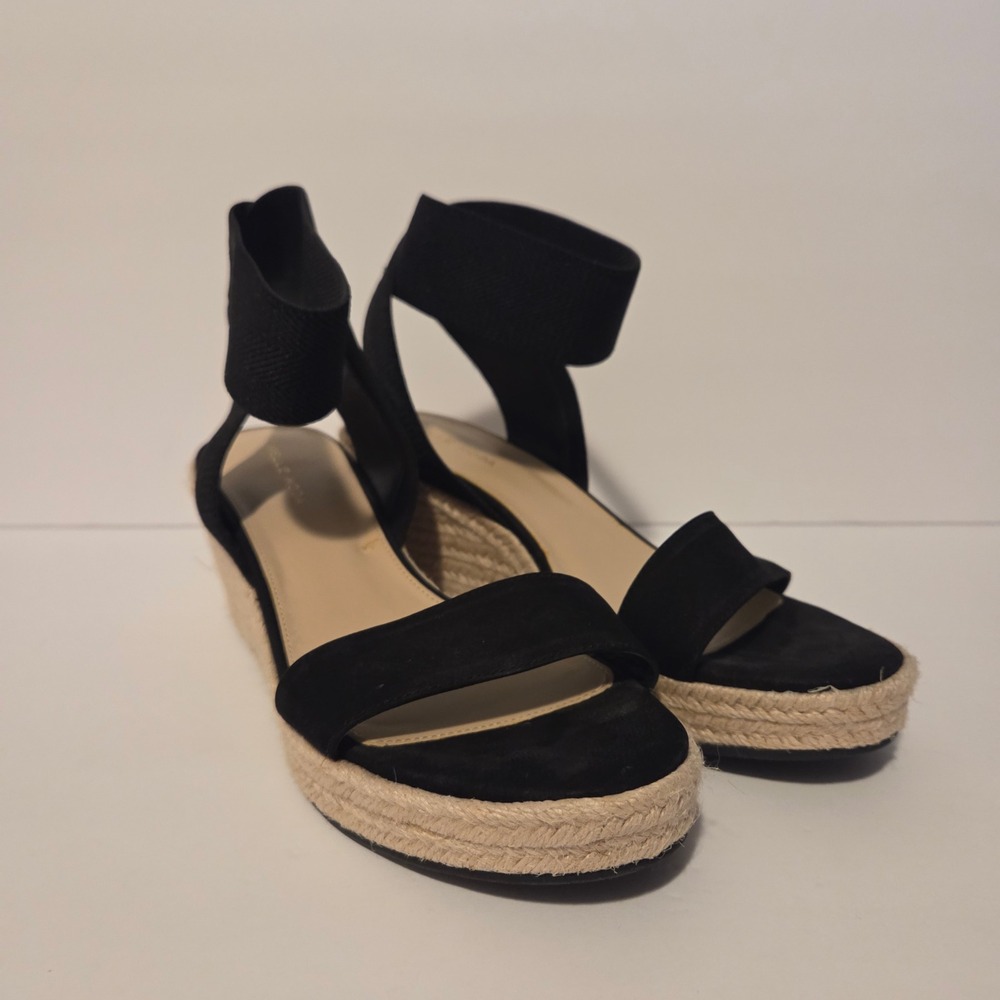 Pelle Moda Womens Black Suede Espadrille Wedge Sandals Elastic Ankle Strap 10M